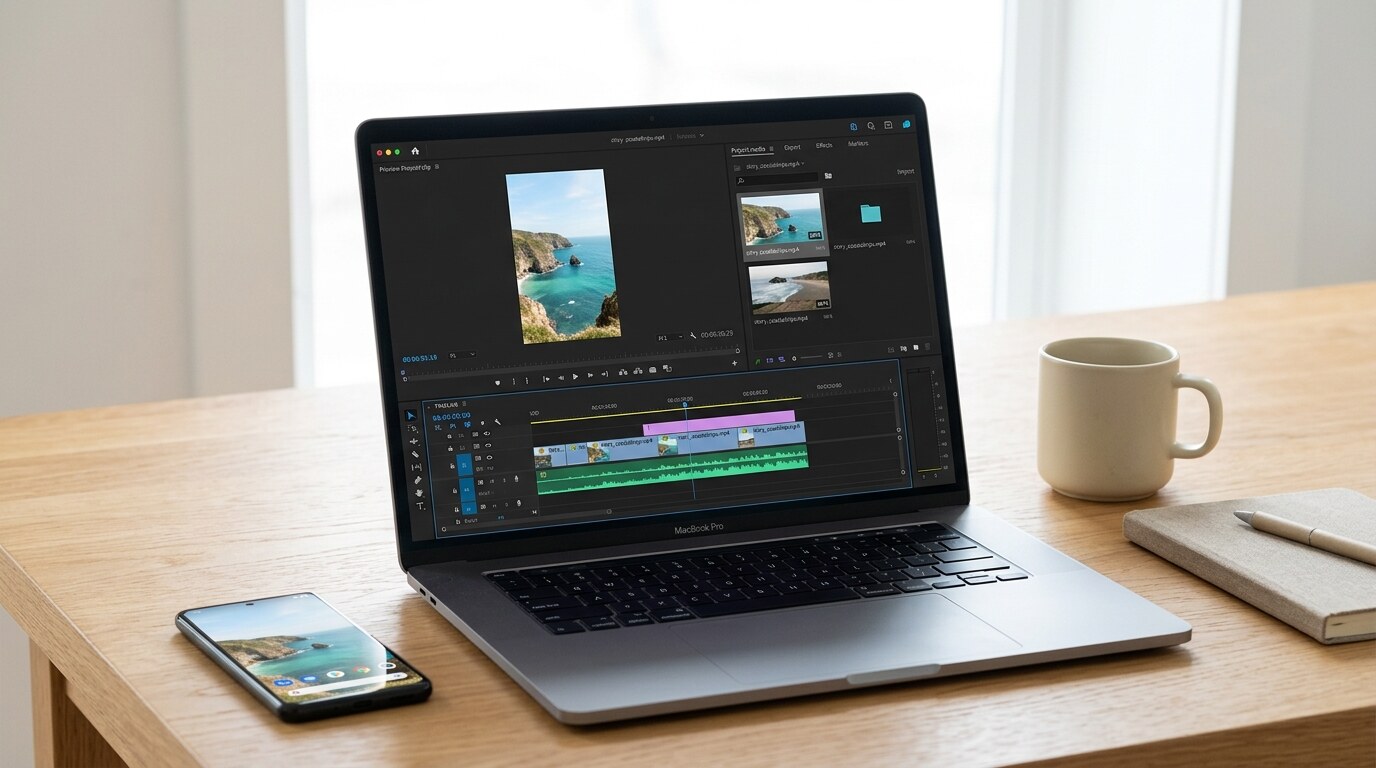 A laptop video editor with an Instagram story MP4 dropped into the timeline