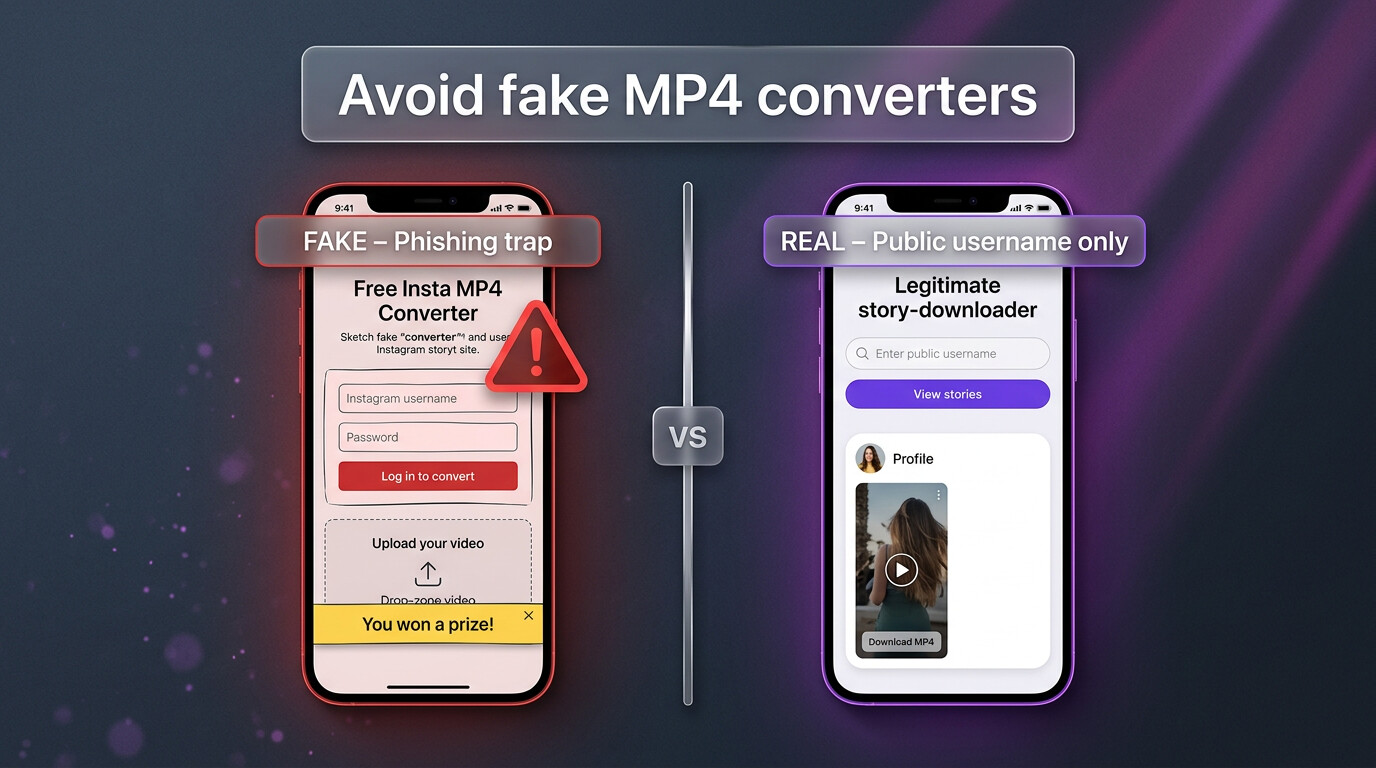 A suspicious fake MP4 converter site demanding an Instagram login with a red warning badge