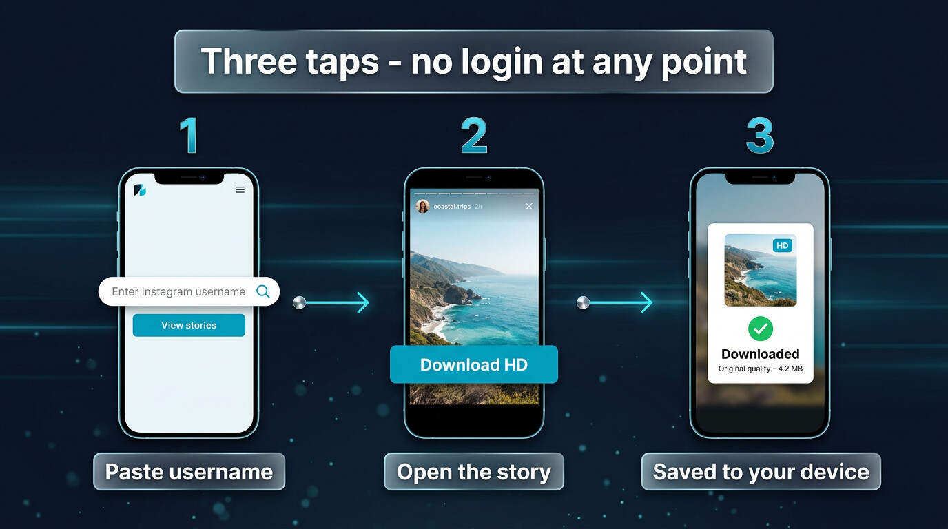 Three-step anonymous download flow from username to saved file