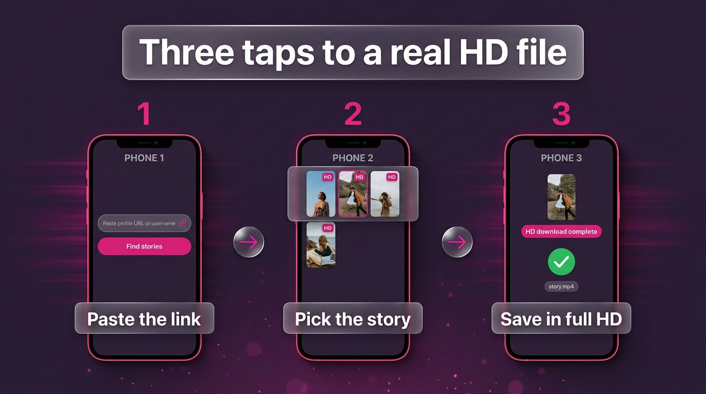 Three taps from URL to HD story file download