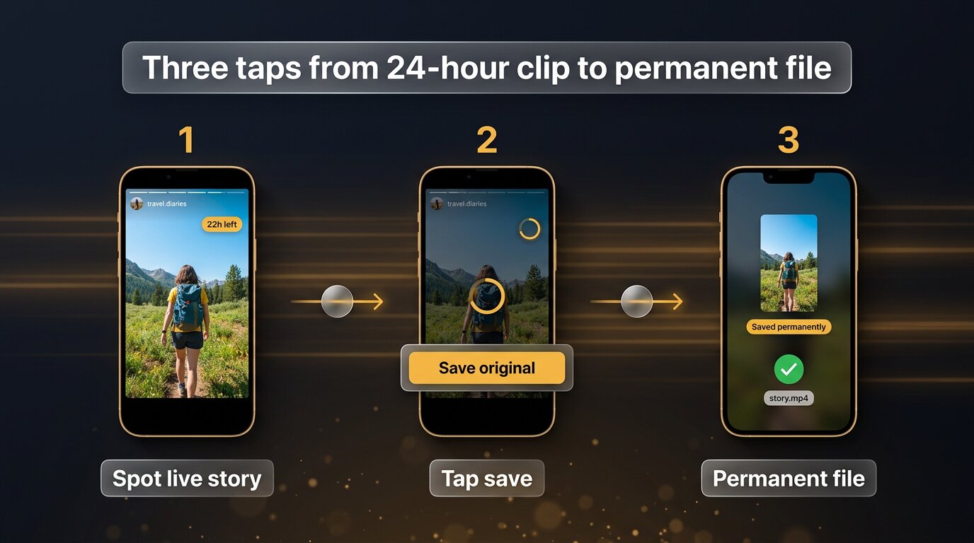 Three-step source-file save flow turning a 24h story into a permanent file