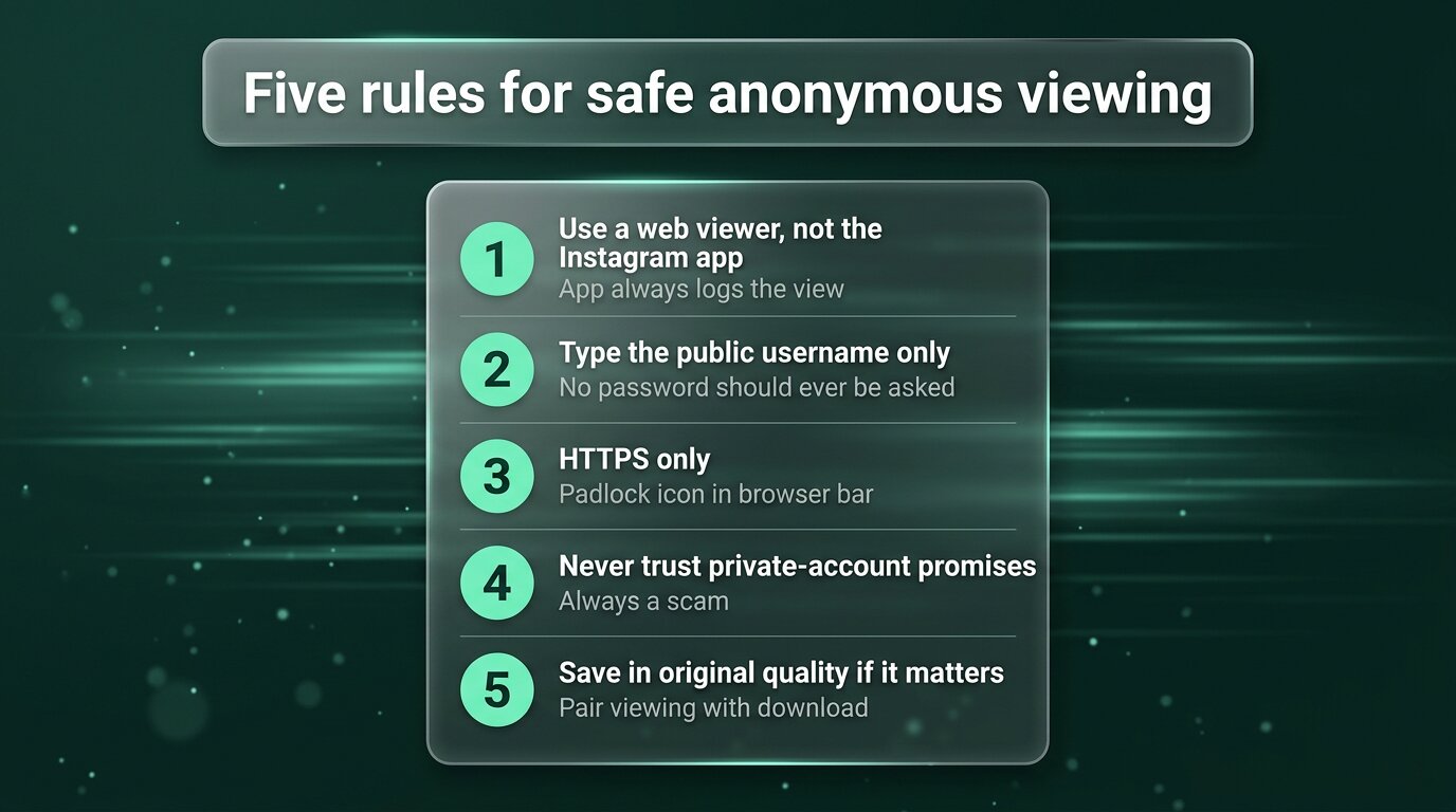 Five-rule safe anonymous Instagram story viewing checklist