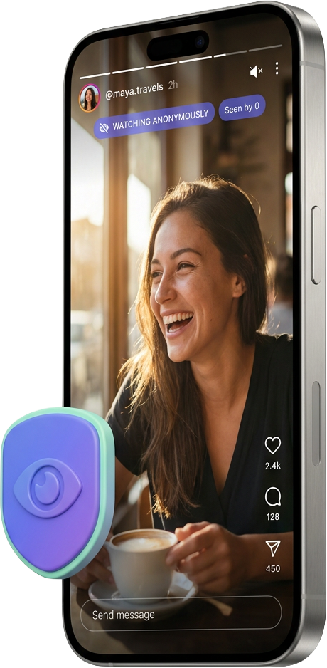 Anonymous Instagram story viewer showing story circles, an incognito mask and a privacy shield